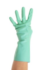 Hand shows four in rubber glove.