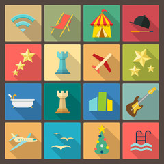 set of sixteen rest and entertainment  icons in flat design styl