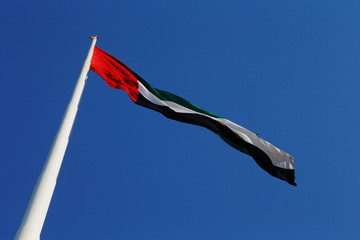 A skyward view of the UAE National Flag