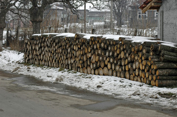 Close up from a pile of wood for fire in winter