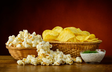 Potato chips and popcorn