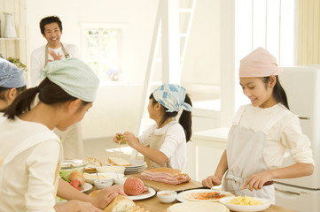 Japanese girls and father cooking