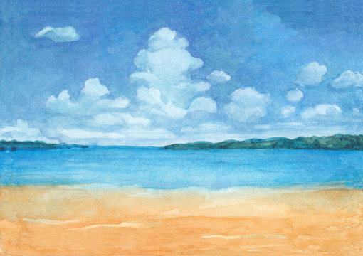 Watercolor illustration of a tropical beach