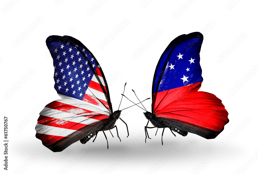 Wall mural two butterflies with flags usa and samoa