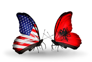 Two butterflies with flags USA and Albania