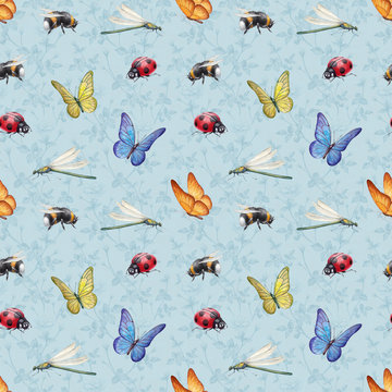 Watercolor insects illustrations. Seamless pattern