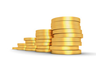 Successful growing golden coins bar chart on white background