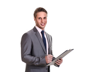Businessman holding folders