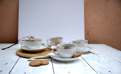 Morning coffee on gold, orange and white