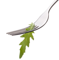 Fresh rucola  salad on fork isolated on white background cutout.