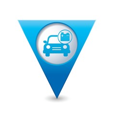 Car service. Car with accumulator icon on map pointer