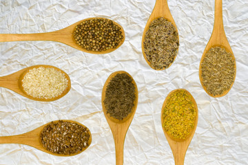 Set of spices on white leaf