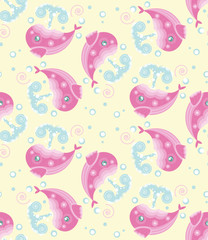 Pattern with pink whales on a yellow background
