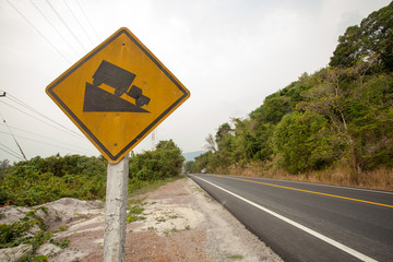 slope sign, yellow truck slope sign on highway, Thailand