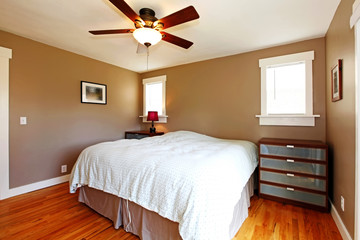 Bedroom with brown walls and blue blanket