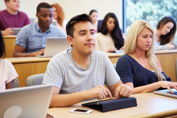 Fototapeta premium Students Using Laptops And Digital Tablets In Lecture
