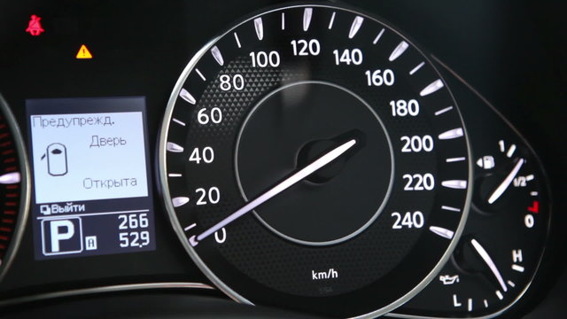 Close-up view of speedometer showing self-test routine, HD 1080p