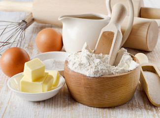 baking ingredients on a wooden table