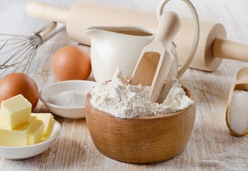 baking ingredients on a wooden table
