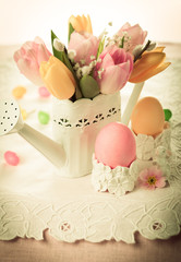 Easter eggs and  spring flowers