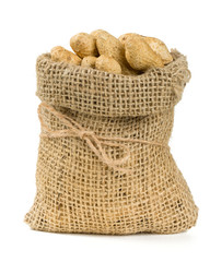 peanuts in a miniature burlap bag isolated on white