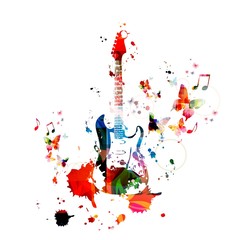 Colorful music background with guitar - obrazy, fototapety, plakaty