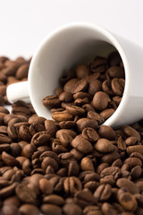 Roasted brown coffee beans in small espresso coffee cup