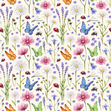 Wild flowers and insects illustration. Watercolor summer pattern