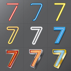 Set of Neon Style Number 7, Eps 10 Vector, Editable for Any Back