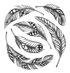 Black-on-white feather shaman circle ornament