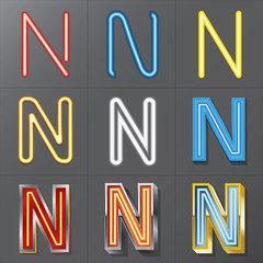 Set of Neon Style Alphabet N, Eps 10 Vector, Editable for Any Ba