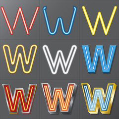Set of Neon Style Alphabet W, Eps 10 Vector, Editable for Any Ba