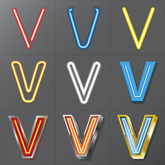 Set of Neon Style Alphabet V, Eps 10 Vector, Editable for Any Ba