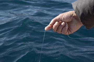 Stof per meter Man met vislijn in zijn hand die vis van de boot vangt © Branko