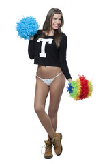 Happy young cheerleader with pom-poms isolated on white backgrou