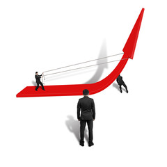 Businessmen pulling up red arrow