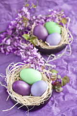 Obraz na płótnie Canvas Colored easter eggs in nests