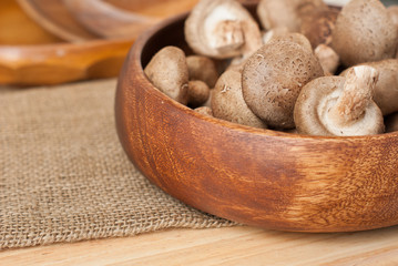 Fresh mushrooms in bowl on wooden background