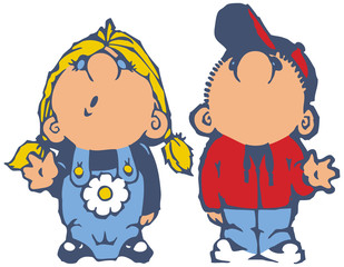 Boy and Girl Looking Up and Waving Vector
