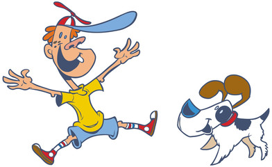 vector cartoon of a jumping boy and his dog