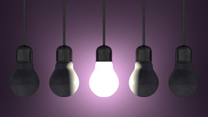 Glowing light bulb among dead ones hanging on violet