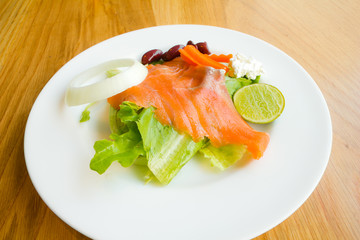 smoked salmon with vegetables, salad