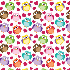 Seamless owl pattern with hearts