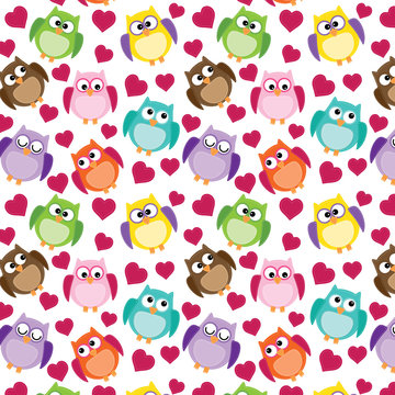 Seamless owl pattern with hearts