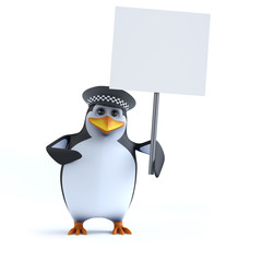3d Officer penguin has a placard