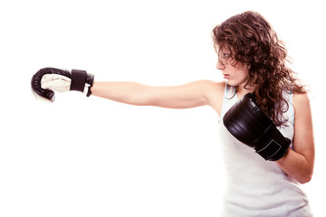 Sport boxer woman in gloves. Fitness girl training kick boxing.
