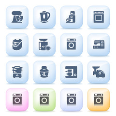 Kitchen appliances icons on color buttons.