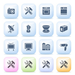 Home appliances icons on color buttons.