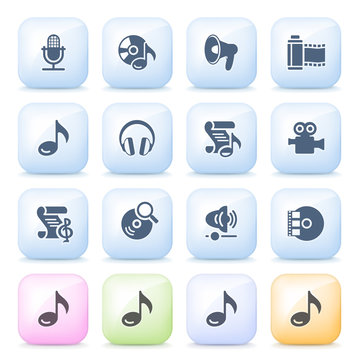 Audio video icons on color buttons.
