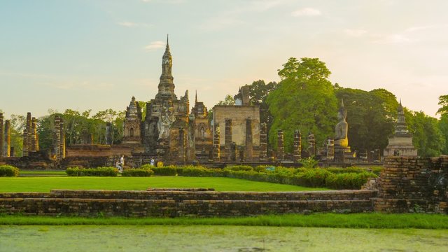 Ruins of ancient Buddhist temples in the evening. Thailand, Sukh